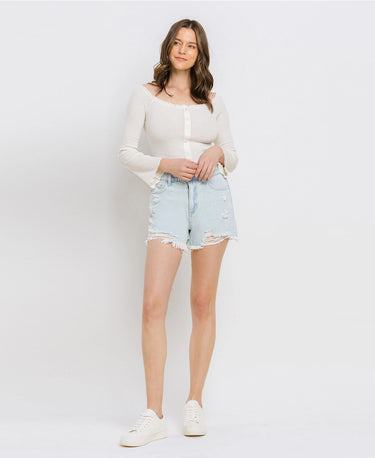 Saltwater Super High Rise Mom Shorts in light wash with distressed detailing, styled for summer outfits at 6Whiskey six whisky womens denim jean short western
