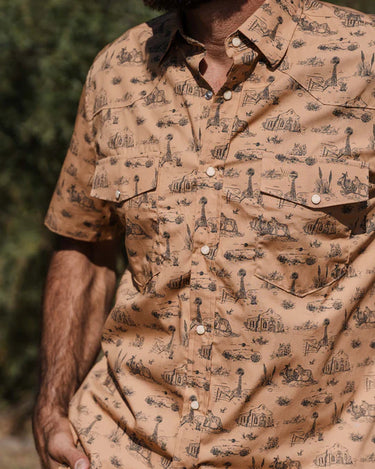 West Texas Toile Pearl Snap by Texas Standard at 6Whiskey, six whisky, collar, short sleeves, dual front pocket, snap closure, lightweight, sweat proof, comfortable, summer, spring, elevated western, casual, everyday, oil rig, Alamo, desert, ranch, west texas, country, lunch date, rodeo, country concert, front view