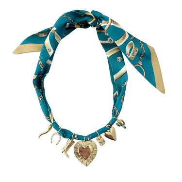 Teal Charm Necklace at 6Whiskey, six whisky, blue, green, gold, shiny, chunky, trendy, SEC trend, souther, texas, Houston, rodeo, country concert, statement piece, layering necklace, heart, cowboy boot, chillie, cactus, southwest, vintage, western, chic, elevated, front view