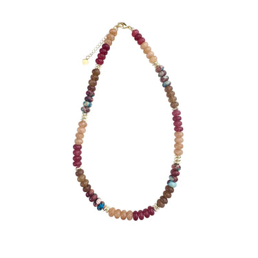 Sundance Beaded Necklace at 6Whiskey, six whisky, multicolor, chain clasp closure, gold plated, western, eclectic, versatile, casual western, artsy, turquoise, brown, green, burgundy, red, cream, gold, layer piece, standalone, front view.