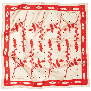 Kickin Up Dust Scarf by Jenni Earle at 6Whiskey, six whisky, square scarf, artful scarf, geometric boarder, flower centrepiece, dots, polkadots, flowers, vertical design, contrast boarder, cream, bold red, pop of color, eye-catching, carefree, western casual, spirit of the west, front view
