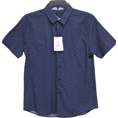 Midnight Short Sleeve at 6Whiskey six whisky. A navy short-sleeve button-down shirt with a subtle white and red micro-dot pattern, displayed on a hanger against a white background.