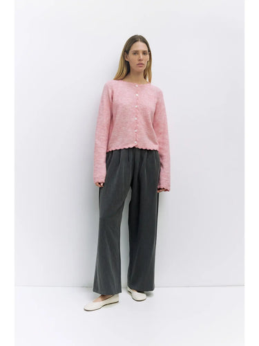 Sweet Pea Cardigan at 6Whiskey, six whisky, Tiffany cardigan, long sleeve, scale edge, full button up, crewneck, cozy, soft, light pink, SEC, sorority girl, work to weekend, church outfit, spring and winter layer, basic, must have, women's wardrobe, front view