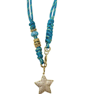 Texas Twinkly Necklace at 6Whiskey, six whisky, Johnny Necklace, green, blue, rope, turquoise, braided, gold ring charm, western-inspired, bead, rhinestone, sparkly, cz accent, star charm, southern, texas, SEC sorority girl, bold, personality, fun, layering necklace, rodeo, country concert, casual, front view