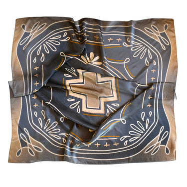 Slate Cross Scarf at 6Whiskey, six whisky, cross design, loop design, clean lines, handrawn, burnt orange, gold, beige, neutral sacred, square, silk, western, accessory, womens accessory, pop of color, turns heads. Front view.