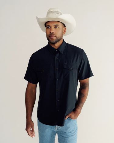Men’s Tecovas short-sleeve western shirt in black with snap-front pockets, classic western yoke, and tailored fit at 6whiskey six whisky bryan college station texas