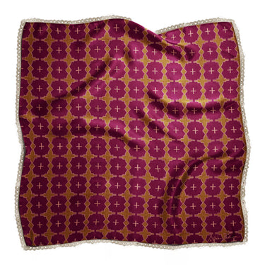 Magenta Crochet Scarf, silk, square, bandana, lace, crochet boarder, cross design, geometric, hand drawn, handrawn, modern, elegant, chic, dark pink, elevated, easy, western accessory, fashion, stylish, feminine, colorful, flirty. front view.