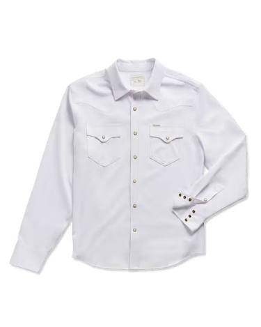 Long Sleeve Performance Pearl Snap in White by Tecovas at 6Whiskey, six whisky, off white pearl snaps, brass rings, stretch, comfortable, breathable, texas weather, SEC, southern charm, western stitching, front pockets, lightweight, men's must have, men's gift idea, rodeo, country concert, date night, work, elevated western, sweat proof, ventilated, collared, front view.