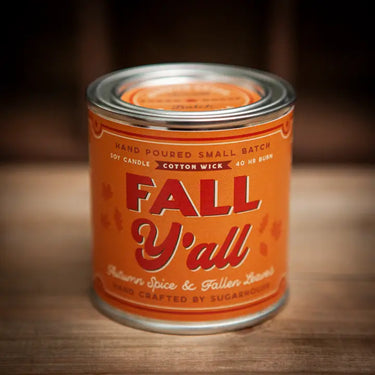 Fall Ya'll Candle at 6Whiskey, six whisky, tin can, soy, cotton wick, 40 hour burnt time, pumpkin spice, fallen leaves, retro, vintage, home decor, fall decor, autumn, smells good, house warming gift, block letter, cursive, home goods, smells good, relaxing, front view