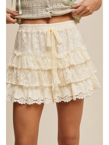 Cream Lace Tiered Shorts at 6Whiskey, six whisky, trendy, pinterest board, trendy, fall shorts, layer piece, western, vintage, romantic, country concert, rodeo, lunch date, market outfit, tie detail, bow, high waisted, short, modest length, lined, comfortable, flowy, flattering, front view.