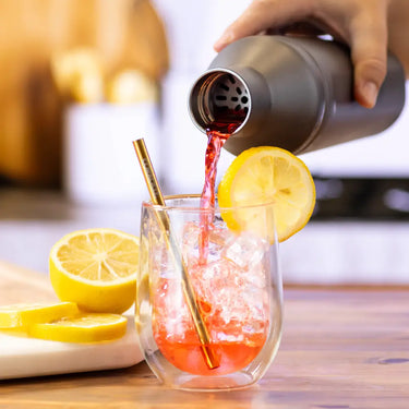 Cocktail Shaker by Corkcicle at 6Whiskey, six whisky, stainless steel, silver, black, cooling, measuring cup, screw tight, lid, spill free, easy, barware, gift for him, gift for grads, Christmas gift, holiday gift.