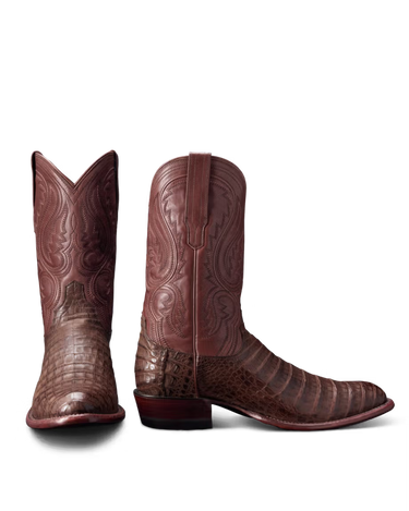 Dillion in Oak Caimen by Tecovas at 6Whiskey, six whiskey, dark brown and light brown, alligator belly vamp, leather shaft with western stitching, leather straps, two-toned, leather heel stacked, leather outsole and insole, comfortable, elegant, elevated, day to night, western, modern, unique, rodeo, country concert, dressy boot, tecovas men's calf boot, front view.