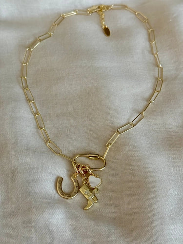 Lucky Gold Charm Necklace at 6Whiskey six whisky gold paperclip chain clasp horseshoe cowboy boot heart charms accessory jewelry touch of western
