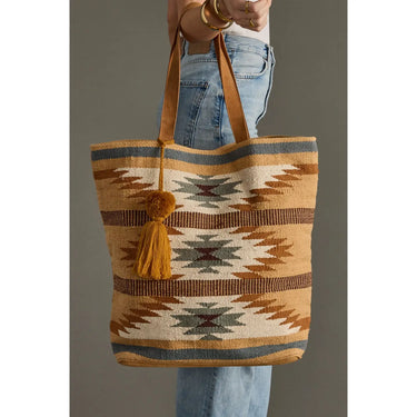 Canyon Stripe Tote at 6Whiskey, six whisky, leather straps, tassel, blue, cream, burnt orange, light brown, beige, black, southwestern, texas, native, western inspired, casual, bag, accessory, large bag, front view