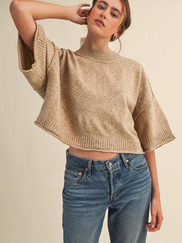 Sutton Sweater Top in Mocha at 6Whiskey, six whisky, cropped, relaxed, oversized, comfortable, soft, cozy, ribbed mock neck, ribbed hem, ribbed sleeves, wide short sleeves, raw hem, casual, chic, elevated, classy, neutral, everyday, versatile, office wear, work top, stretchable, lightweight, fall, spring, summer, front view.