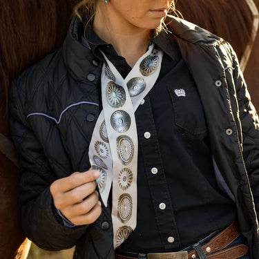Bone Concho Twilly in Bone at 6Whiskey, six whisky, western inspired design, graphic, turquoise, silver, grey, cream, white, western graphic, modern western, neck accessory, women's accessory, womens fashion. Front view.