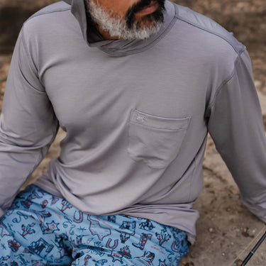 Texas Standard Brazos Hoodie in mockingbird gray grey with UPF 50+ sun protection, moisture-wicking performance, and lightweight stretch fit – ideal for outdoor wear, sold at 6Whiskey, Texas lifestyle outfitter