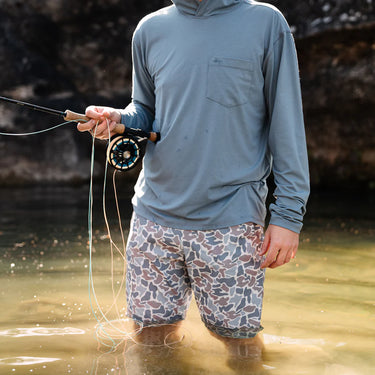 Camo Frio Swim Shorts at 6Whiskey
Texas Standard camo print elastic waistband drawstring mesh liner side pockets quick-dry polyester men’s swim trunks outdoor summer wear