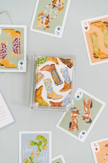Boot Playing Cards by Catherine Cartie at 6Whiskey, six whisky, game night, boots, horses, ponies, cactus, western prints, unique gift idea, colorful, cardboard, comes with box, front view.