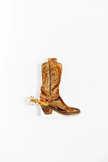 Brown Boot Acrylic Block, light brown leather cowboy boot, spur, dark brown stitching, swirl scroll script on the shaft, artist, watercolor, modern western, rich color, warm, neutral art decor, wall art, coffee table, office, gift idea, front view