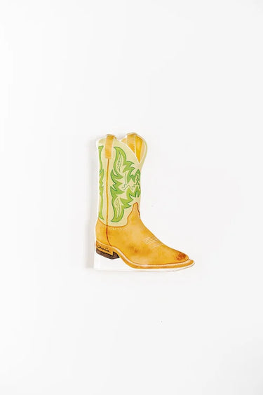 Green Boot Acrylic Block by Catherine Cartie at 6Whiskey, six whisky, light brown leather cowboy boot, light green shaft, olive and light green western stitching, hand painted, playful, pop of color, colorful, fun, modern western, art home decor, front view