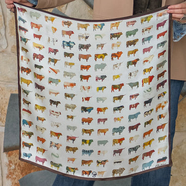 Big Pasture Scarf by Fringe Scarves at 6Whiskey, six whisky, cream, white, brown boarder, cattle, longhorn, horse, cow, buffalo, artwork, artsy, unique, painted, colorful, multicolor, pop of color, fun accessory, unique, western, women's accessory, bandana, front view