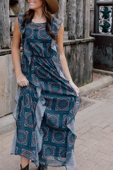 Tasha Polizzi Jasmine Dress at 6Whiskey six whisky blue ruffle sleevelss maxi dress womens summer
