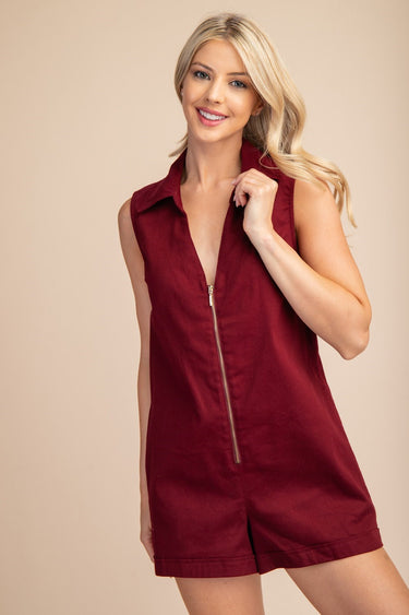 Maroon romper at 6Whiskey six whisky v-neck v neck zipper pockets back pockets collared sleeveless shorts loose fit