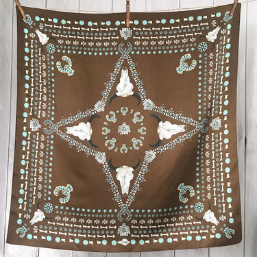 Squash Blossom Scarf in Brown by Fringe Scarves at 6Whiskey, six whisky, arrows, skull, thunderbird, peyote bird, turquoise, light blue, green, white, black, espresso brown, dark brown, square, soft, comfortable, breathable, year-round, must-have, eye-catching, classic western, timeless, elevated, front view