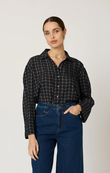Kiera Blouse by Cleobella at 6Whiskey, six whisky, long sleeve, sheer, brown and white grid pattern, button up, collared, frill detail, elevated, casual western, work wear, office outfit, business casual, business professional, work to weekend. Front view.