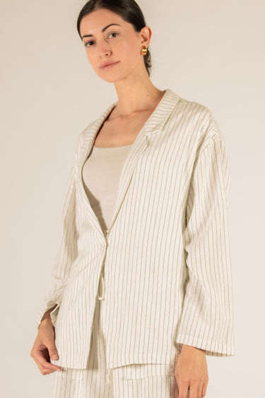 Pinstripe Oversized Blazer by P cill at 6whiskey, six whisky, relaxed fit, oversized, collared, wide sleeve, vertical stripe, stripped, cream, black, elevated, comfortable, chic, classic, game day, gameday, tailgate, football. Front view.
