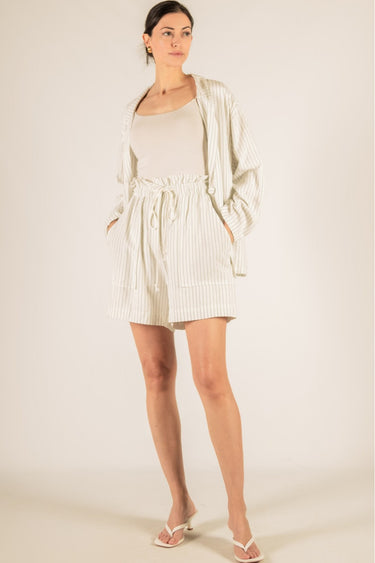 Pinstripe Shorts at 6whiskey, six whisky, relaxed fit, front tie, double lined, vertical stripes, stripped, high waisted, mid length, mom fit, elevated, casual, chic, comfortable. Front view.