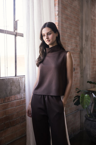 Espresso Mock Neck Tank by P.cil at 6Whiskey, six whisky, sleeveless, cropped, soft, elevated basic, neutral tone, dark rich brown, layer piece, loungewear, chic, casual, comfy. Front view.