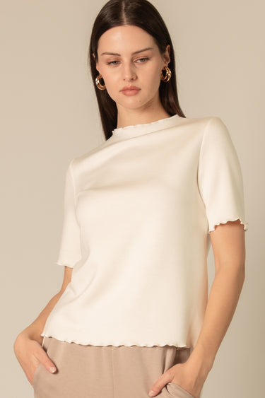 Ivory Merrow Edge Tee by P.cil at 6Whiskey, six whisky, soft, comfortable, cozy, lettuce edge hem, chic, stylish, casual, gameday, aggies, sec football, tailgate, layer piece, loungewear. Front view.