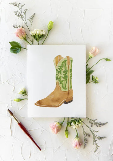 Boot Print by Catherine Cartie at 6Whiskey, six whisky, cowboy book round toe with light green shaft and dark and sage green details, on cardstock materials.