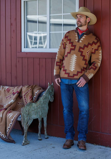 Western Zip Pullover by Tasha Polizzi at 6Whiskey, six whisky, brown, aztec, geometric, southwestern, casual, lounge ware, long sleeve, warm, soft, comfy, knit, loungewear, casual western. Front view.