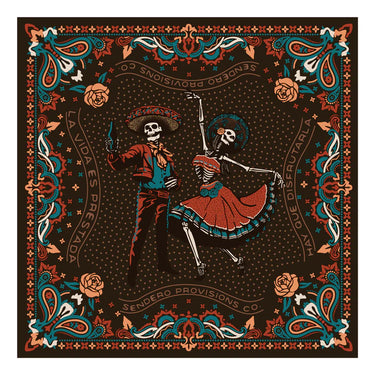 Los Viejones Bandana at 6Whiskey six whisky skeletons mexican hispanic yellow blue red white black gray grey dancing salsa