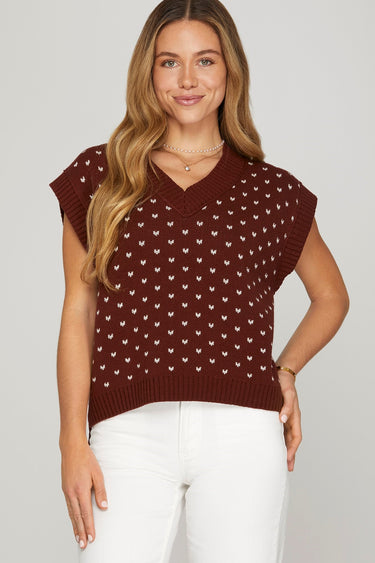 Spirit Knit Vest at 6Whiskey, six whisky, ribbed v-neck, cozy, comfy, soft, gameday, aggie, texas a&m, tailgating, cap sleeve, flattering, casual, spirited, white heart design, maroon, cropped. Front view.
