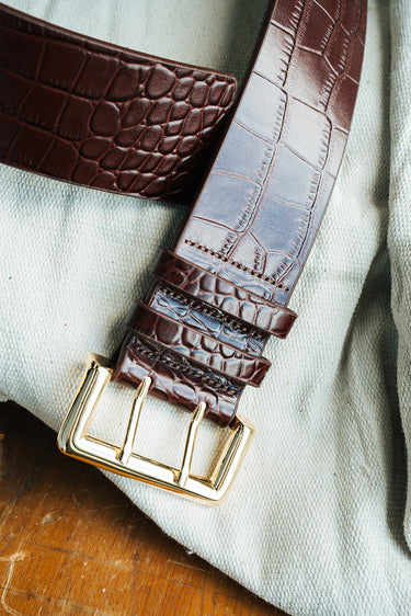 Maroon Crocodile Leather Belt at 6Whiskey six whisky gold hardware double prong belt double loop