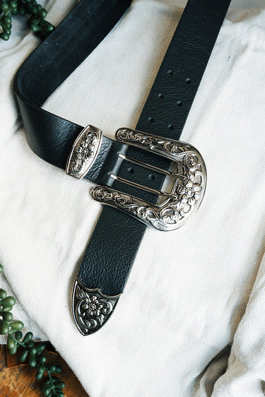 Western Black Belt at 6Whiskey six whisky detailed silver 3 piece belt buckle flower detail leather classic western style