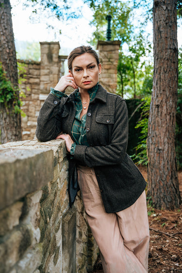 Maude Shacket at 6Whiskey six whisky gray grey cold weather fall winter button down herringbone cuffed collared pockets tasha polizzi