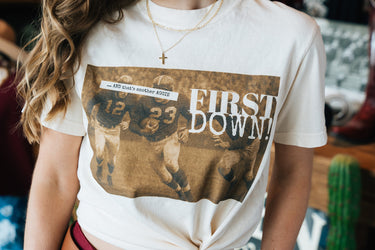 First Down Tee at 6whiskey, six whisky, casual t-shirt, vintage, western, aggie tradition, tailgating, game day, texas a&m, graphic tee, comfortable, football, SEC, soft, worn in. Front view.