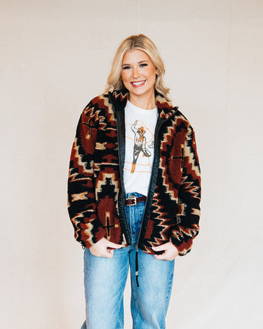 Winter Blanket Jacket by Double D Ranch Chili Patine Collection at 6Whiskey six whisky womens fuzzy front zipper aztec jacket in black, maroon, and tan style number C3128
