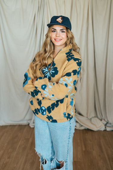 Tasha Polizzi Fleece Pullover at 6Whiskey six whisky floral pattern blue brown oversized boxy quarter zip long sleeve outerwear jacket collared cold weather western fall winter