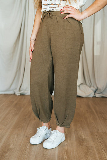 Green Slouchy Pants at 6Whiskey six whisky loose fit drawstring waistband casual lounge everyday womens casual mid rise knit joggers