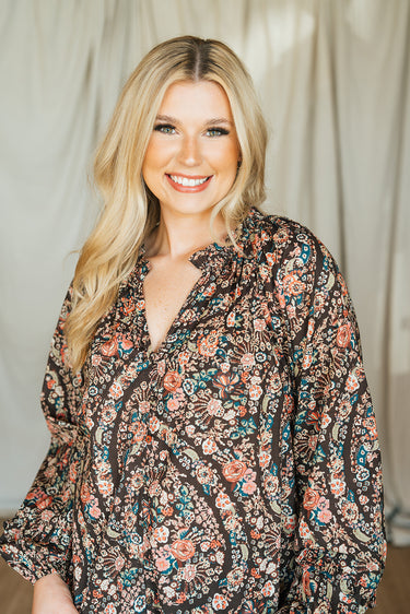 Divina Blouse at 6Whiskey six whisky printed top ruffled neckline raglan sleeve v neck work wear womens cleobella