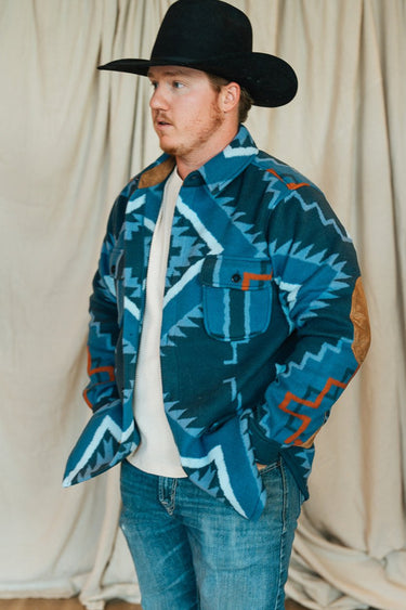 Navy Blanket Shirt at 6Whiskey six whisky tasha polizzi mens aztec print front pockets collared long sleeve suede elbow patch blue brown jacket