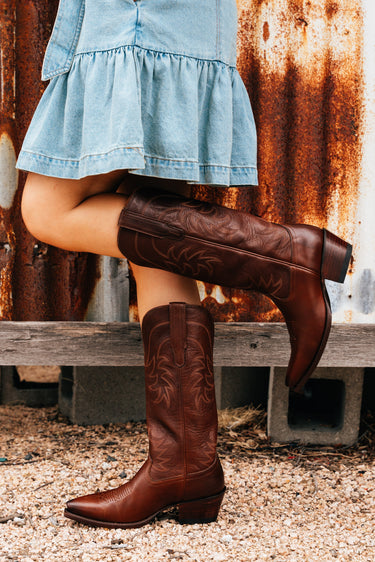Women’s Tecovas Annie cowboy boots in sequoia brown calfskin leather with tall shaft, western stitching, and pointed toe at 6whiskey six whisky bryan college station