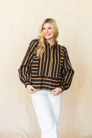 Isadora Blouse at 6whiskey six whisky cleobella black multi cotton linen made in india ethically made organic materials vertical and horizontal stripes red mustard yellow womens top long sleeve