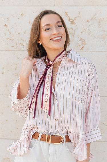 Bordeaux Silk Twilly at 6Whiskey, six whisky, soft, sleek, chic, elegant, effortless, western inspired, womens accessory, gift idea, faded, contrast boarder, horse bit, hand drawn graphic, elevated